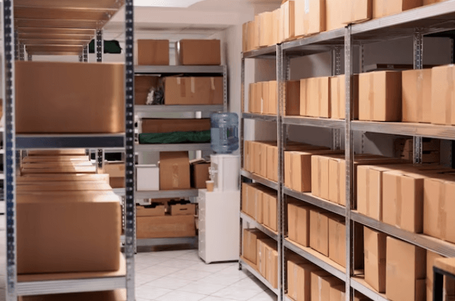 Una stanza adibita a deposito documenti con sistema di scaffalature sulle quali sono disposti molti scatoloni